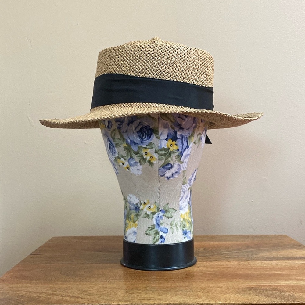 VTG Saks Fifth Ave Made in Italy Natural Straw Boater Hat Black Bow